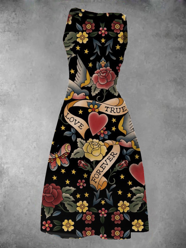 Women's  Swallow Tattoo Printed Midi Dress