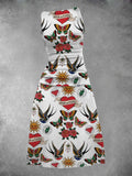 Women's  Old School Swallow Tattoo Printed Midi Dress