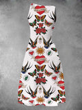 Women's  Old School Swallow Tattoo Printed Midi Dress