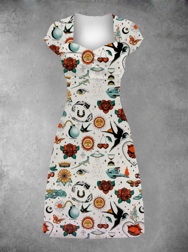 Women's Traditional Tattoo Patchwork Casual Midi Dress