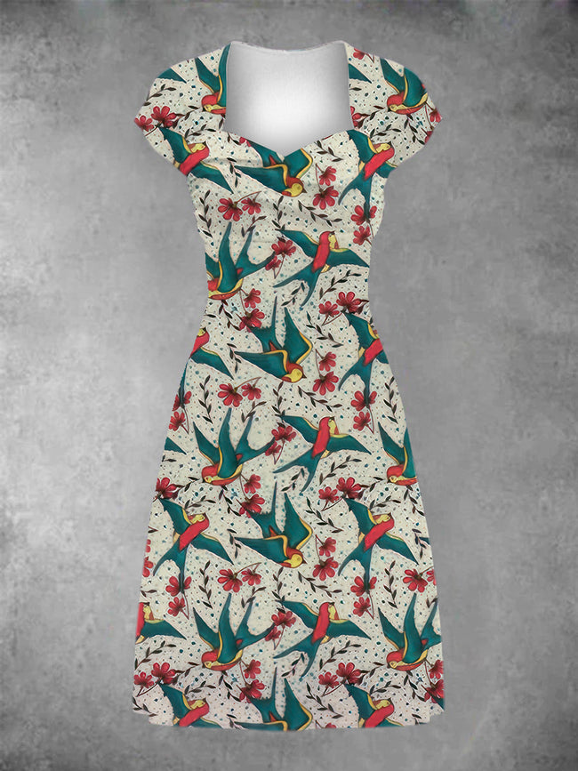 Women's Traditional Tattoo Patchwork Casual Midi Dress