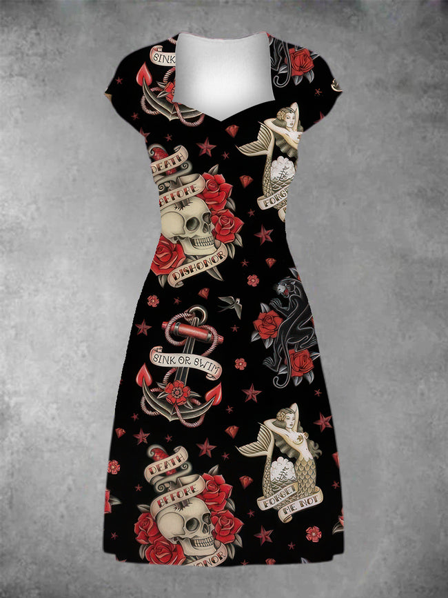Women's Traditional Tattoo Ship and Mermeid Patchwork Casual Midi Dress