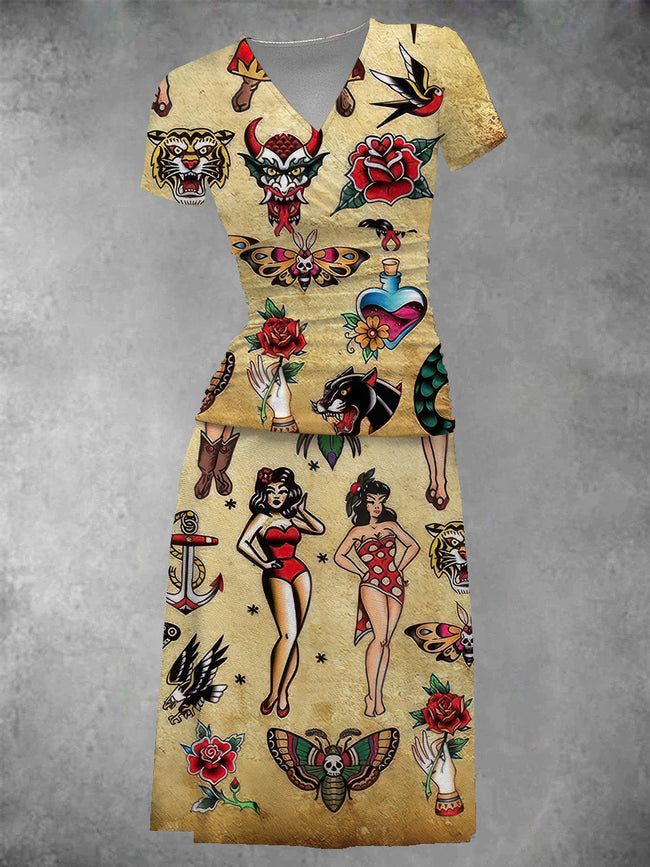 Women's Vintage Sailor Jerry Tattoo Print Midi Dress