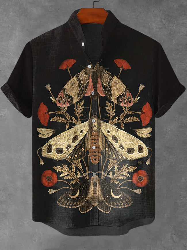 Moths and Poppy Print Linen Blend Shirt