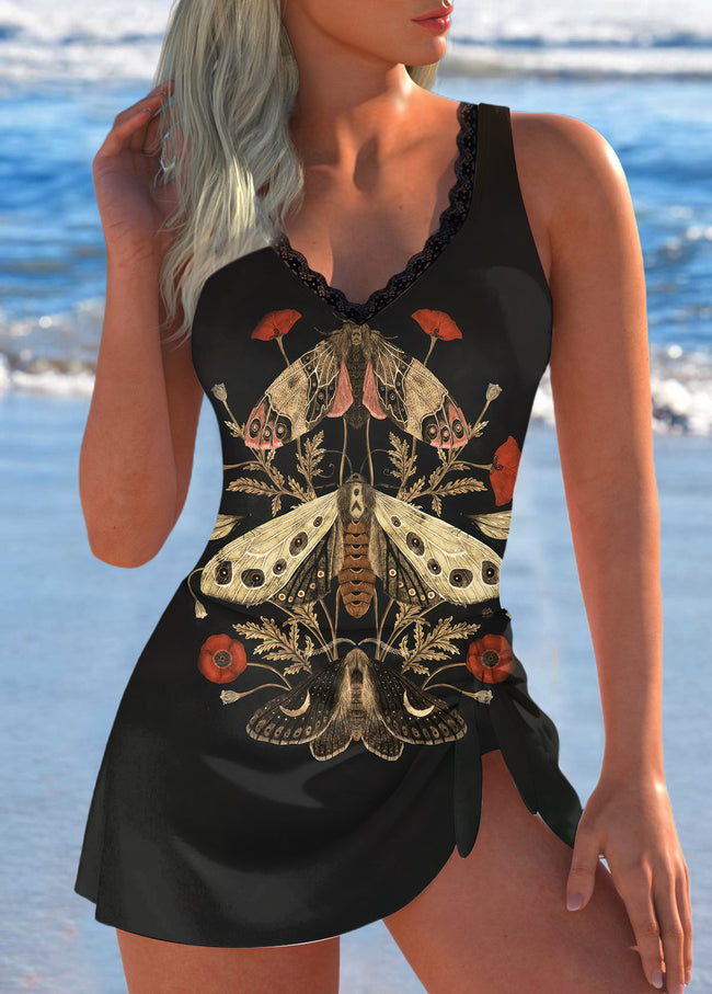 Women’s Retro Moths and poppy flowers Print One Piece Swimdress