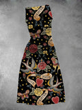 Women's  Swallow Tattoo Printed Midi Dress