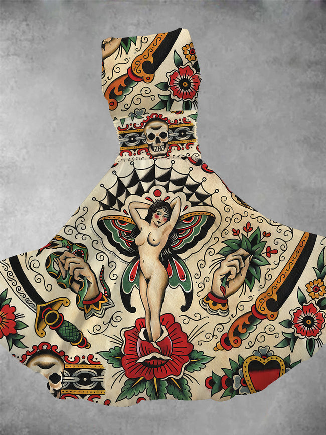 Women's Butterfly Pin-up Tattoo Maxi Dress