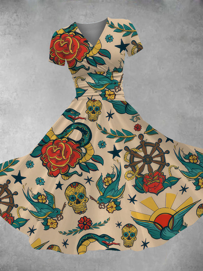Women's Old School  Tattoo Print Maxi Dress