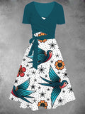 Women's Vintage Swallow Print Graphic Two-Piece Dress