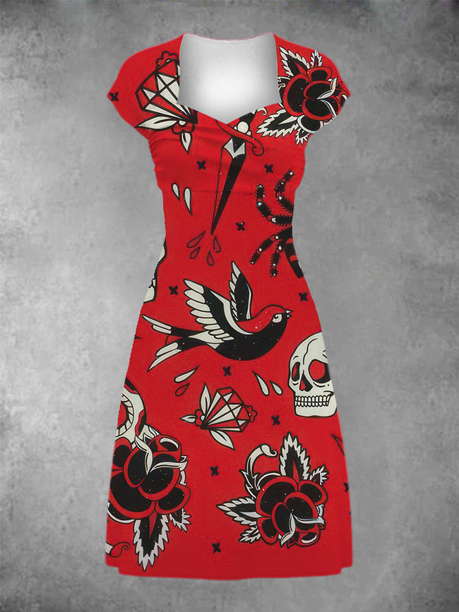 Women's Vintage Red Skull Patchwork Casual Midi Dress