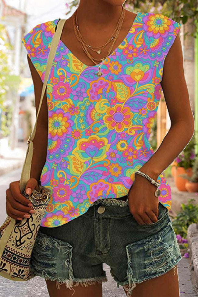 Women's Vintage Hippie Flower Sleeveless Tank Top