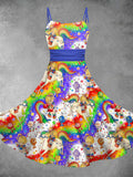 Women's Retro Cartoon Rainbow Girl Print Backless Midi Dress