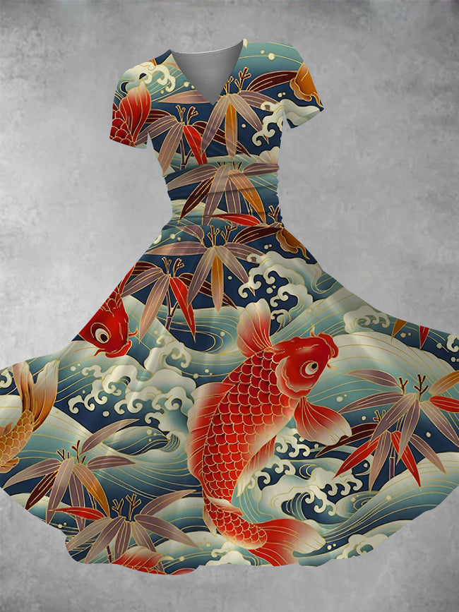 Women's Vintage Koi Fish Print Maxi Dress