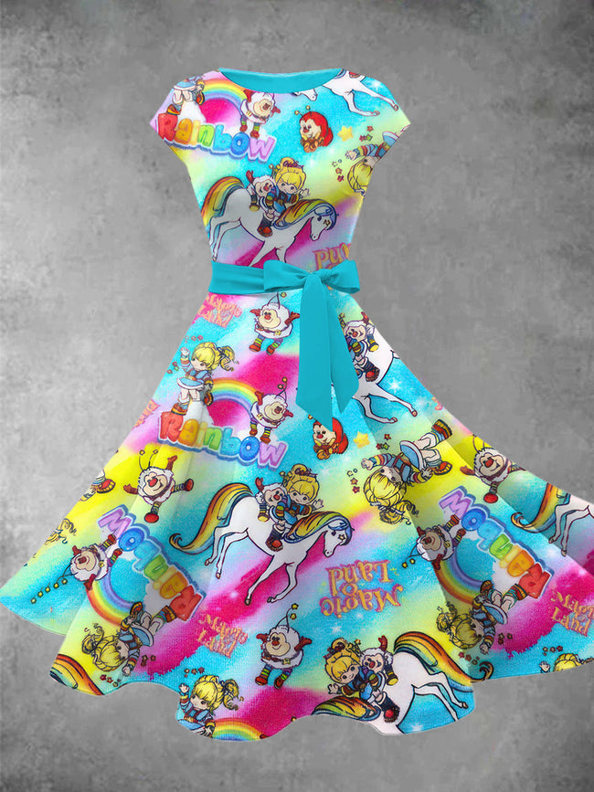 Women's Retro Cartoon Rainbow Girl Midi Dress