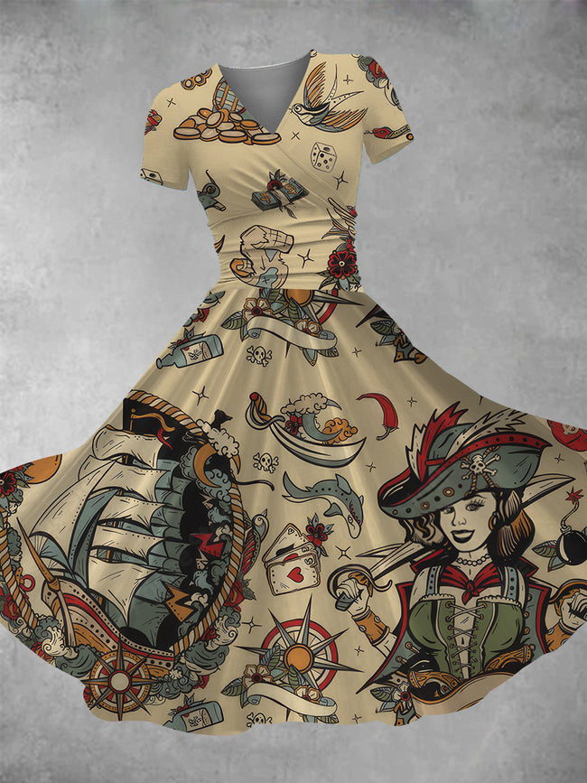 Women's Old School Tattoo Pirate Print Maxi Dress