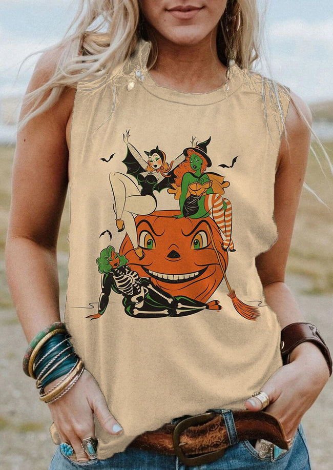 Vintage Halloween Pumpkin Pinup Girl Print Tank Top