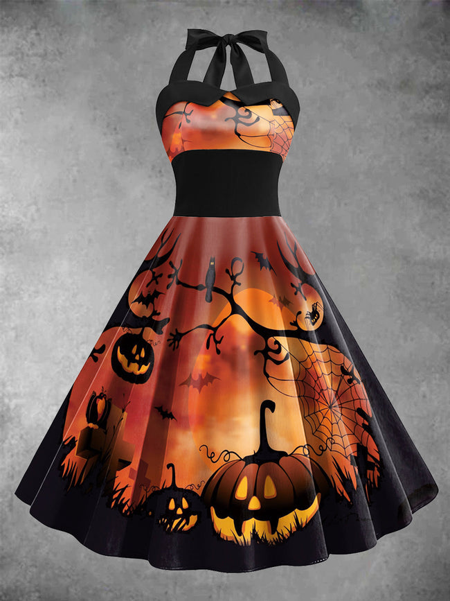 Women's Halloween Pumpkin Print Casual Midi Dress