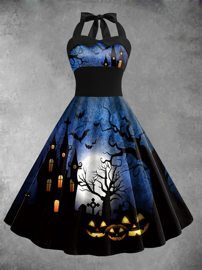 Women's Halloween Pumpkin Print Casual Midi Dress