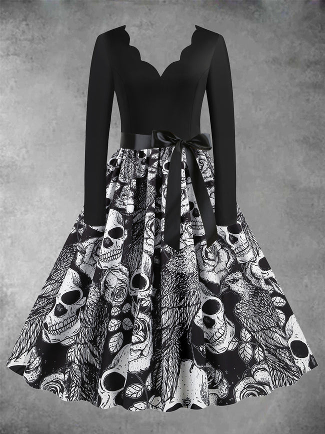 Women's Halloween Skull Print Casual Long Sleeve Midi Dress