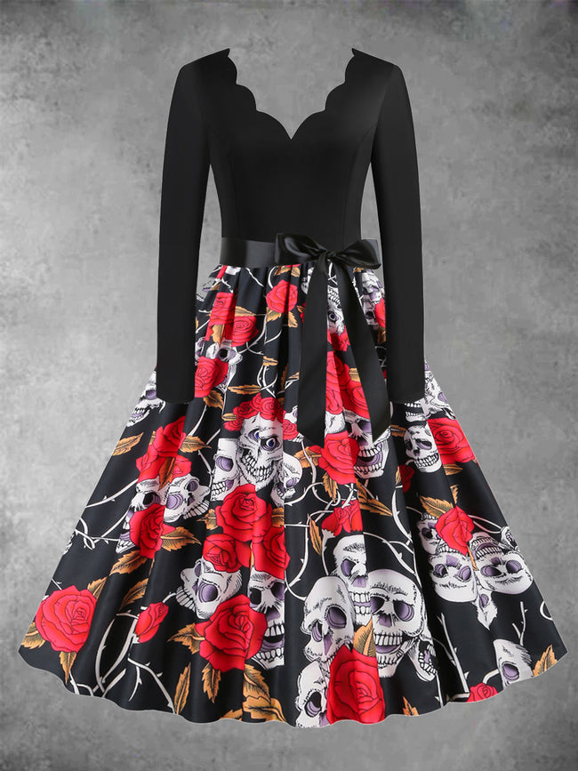 Women's Halloween Skull and Rose Print Casual Long Sleeve Midi Dress