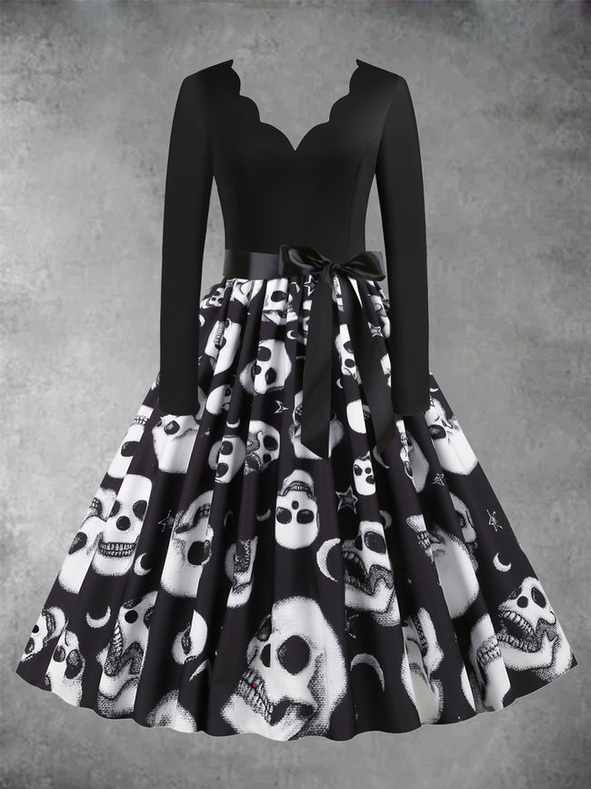 Women's Halloween Skull Print Casual Long Sleeve Midi Dress