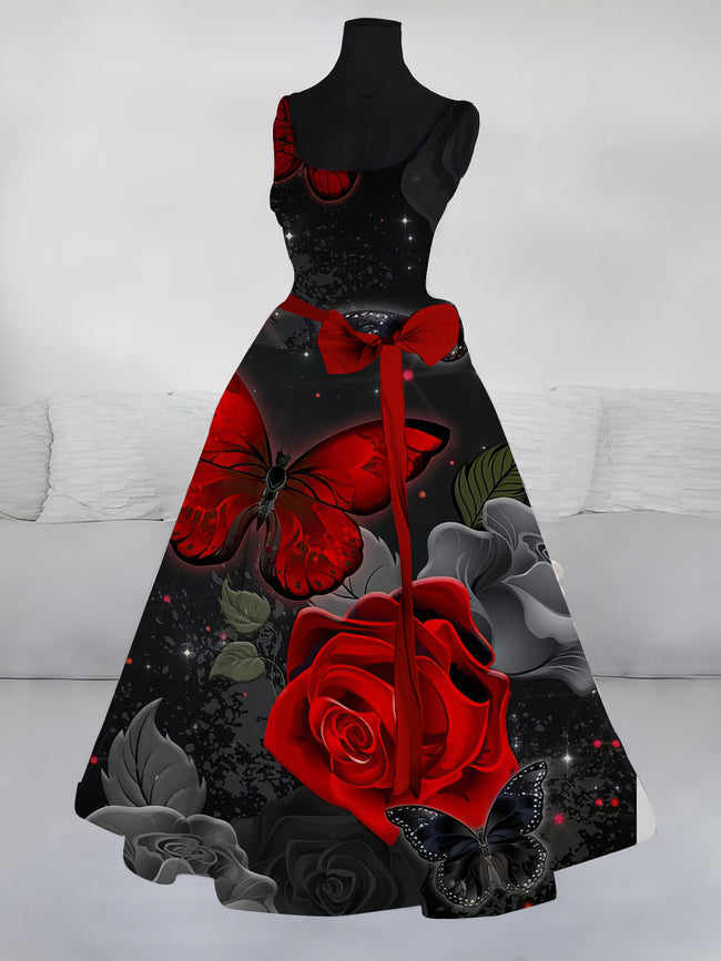 Women's Halloween Rose Butterfly Vintage Print Dress