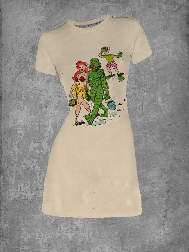 Vintage Halloween Pin up Girl Print Graphic Crew Neck T-Shirt Dress