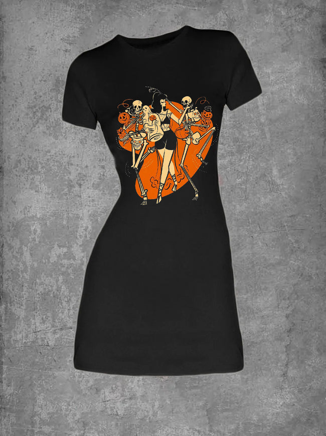 Vintage Halloween Pin up Girl Print Graphic Crew Neck T-Shirt Dress