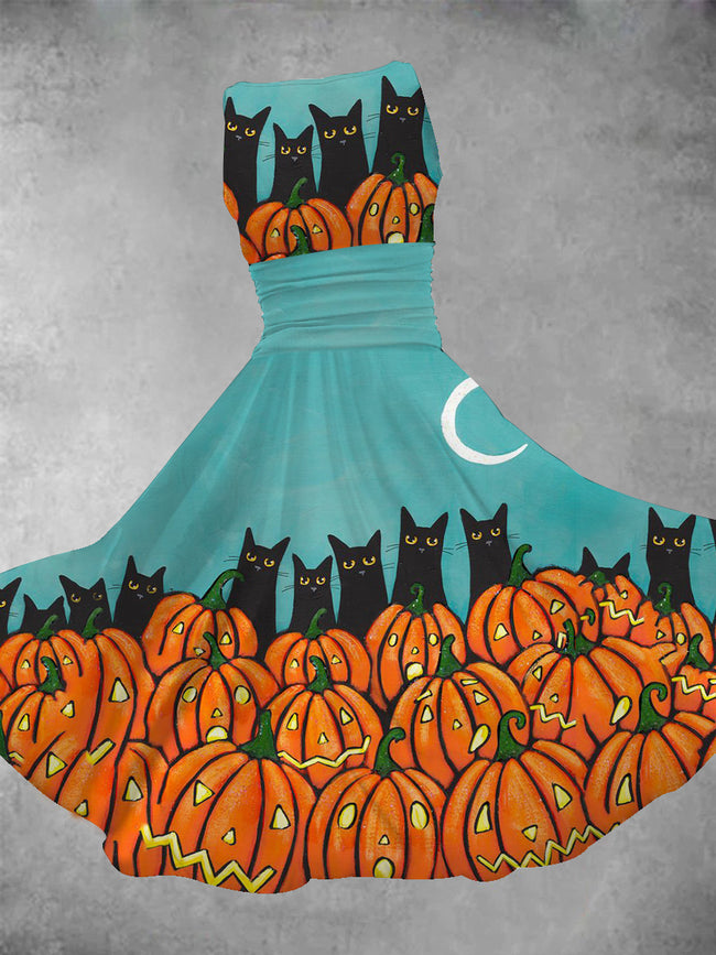 Women's Halloween Pumpkin and Cat Maxi Dress