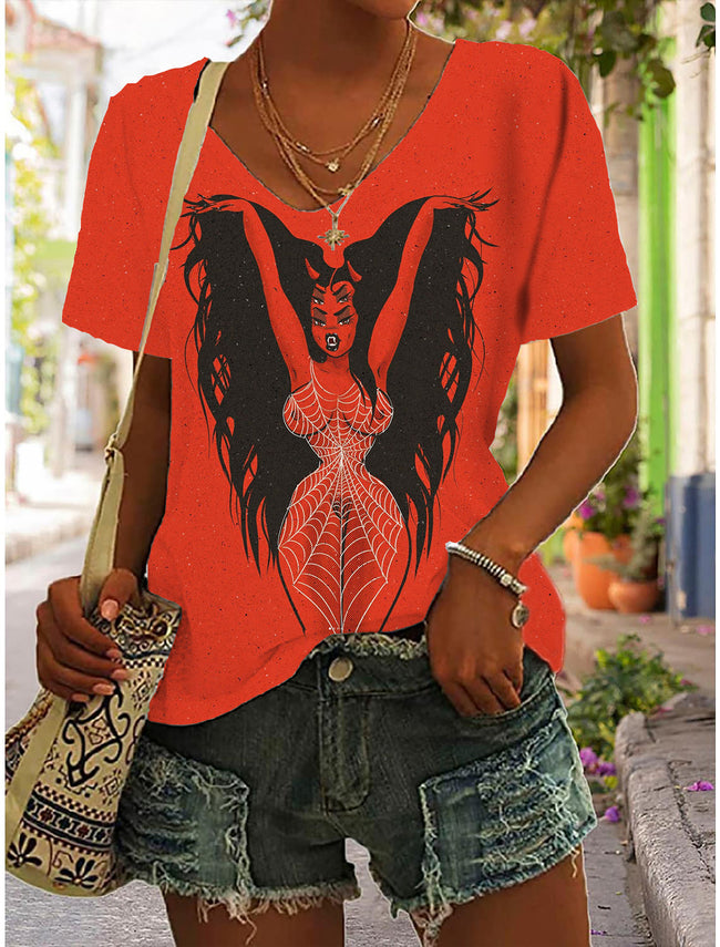Women's Vintage Demon Print V-Neck T-Shirt