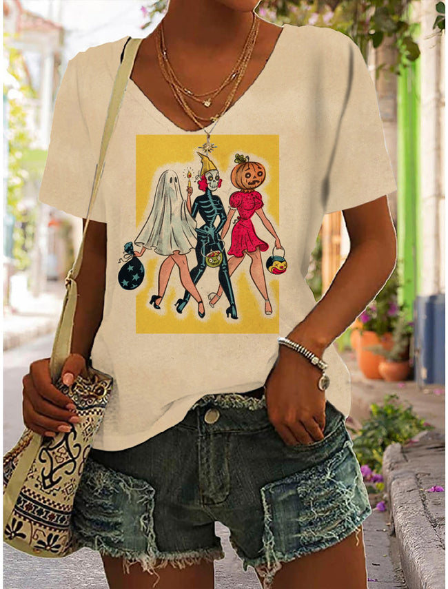 Women's Vintage Halloween Cartoon Girl Print V-Neck T-Shirt– mamoic