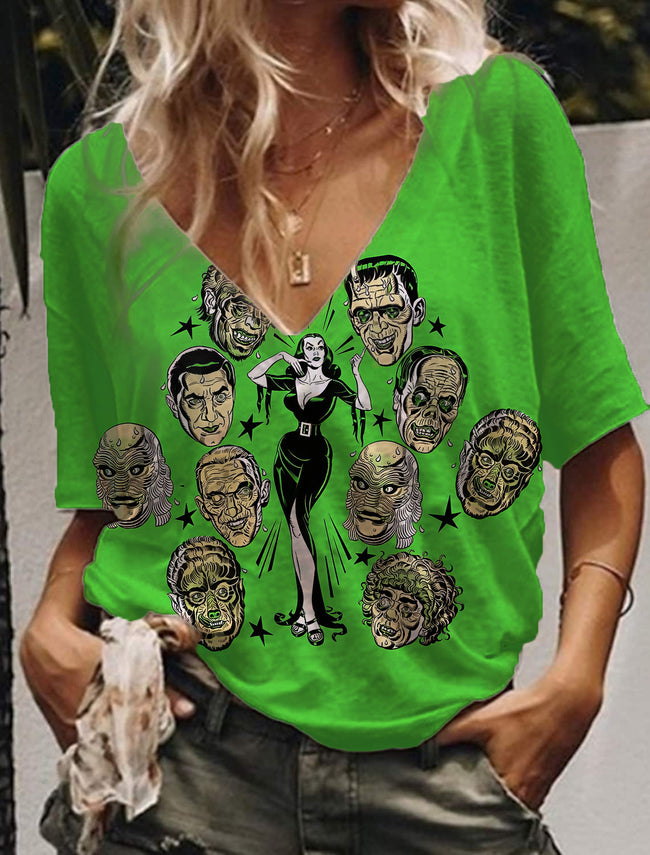 Women's Vintage Halloween Vampire  V-Neck Drop Shoulder T-Shirt