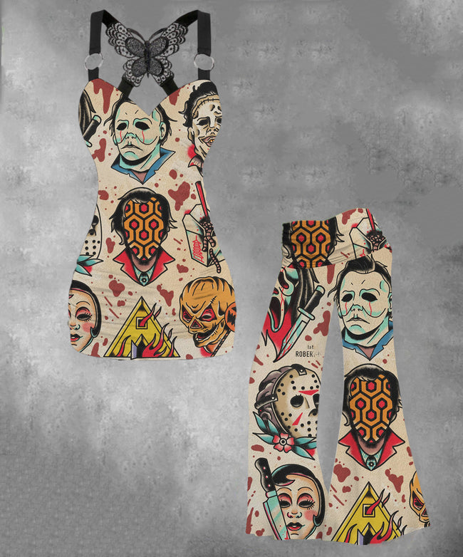 Women's Vintage Halloween Tattoo Print Two-Piece Sets