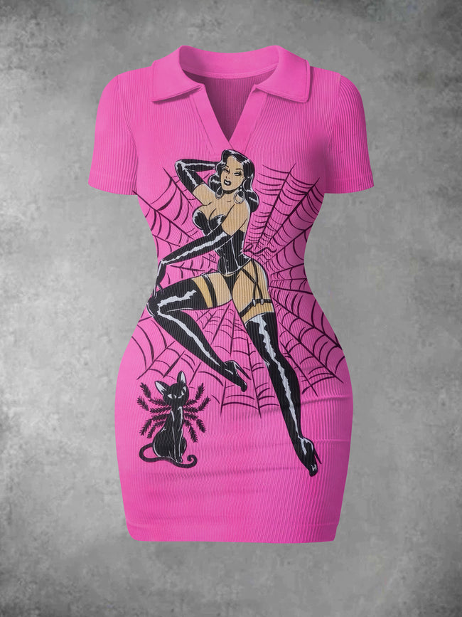 Women's Vintage Halloween Pin up girl  Print Ribbed Bodycon Mini Dress