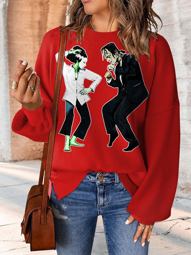 Halloween Couple Monster Print Casual Knit Pullover Sweater