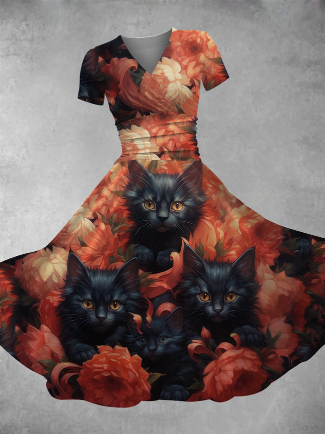 Women's Halloween Cat Print Maxi Dress