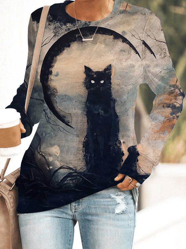 Women's Halloween Cat Printed Long Sleeve Sweatshirt.