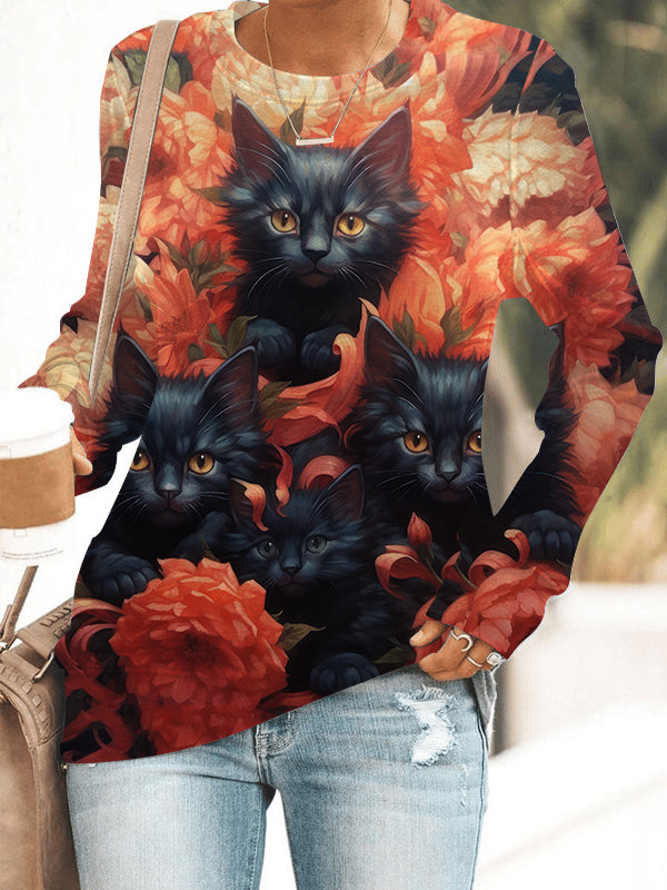Women's Halloween Cat Printed Long Sleeve Sweatshirt.
