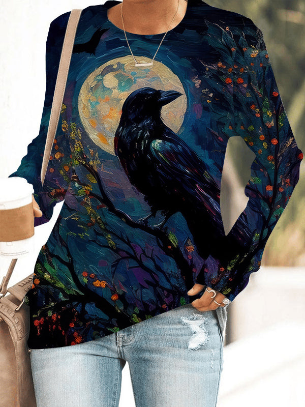 Women's Halloween Raven Printed Long Sleeve Sweatshirt.