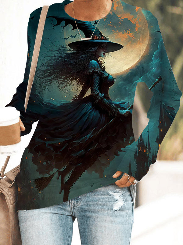 Women's Halloween Witch Printed Long Sleeve Sweatshirt.