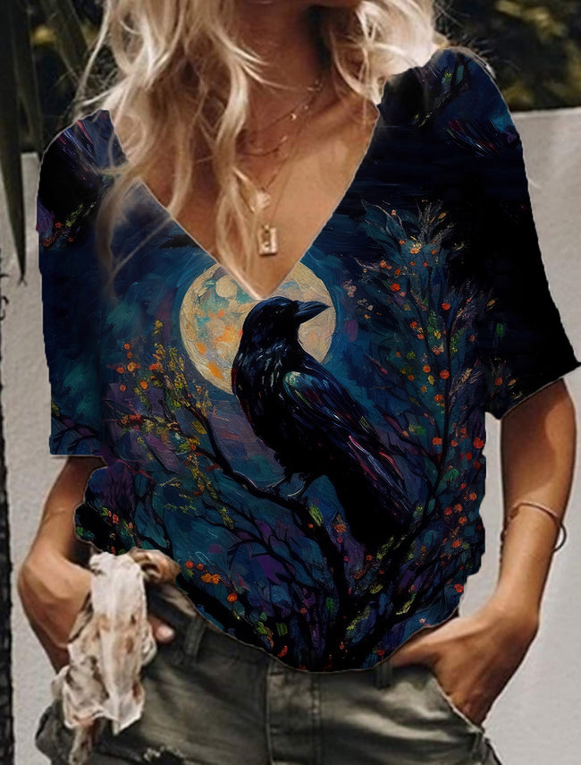 Women's Crows Print V-Neck Drop Shoulder T-Shirt