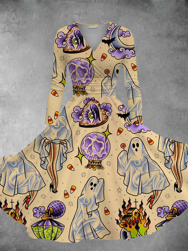 Women's Halloween Ghost Print Long Sleeve Maxi Dress