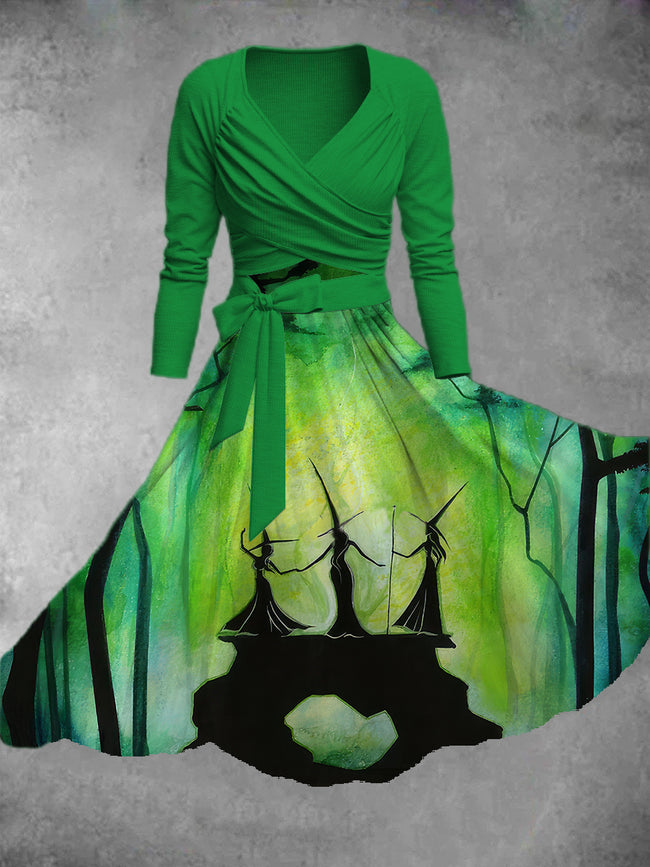 Women's Vintage Halloween Witch Print Two-Piece Dress