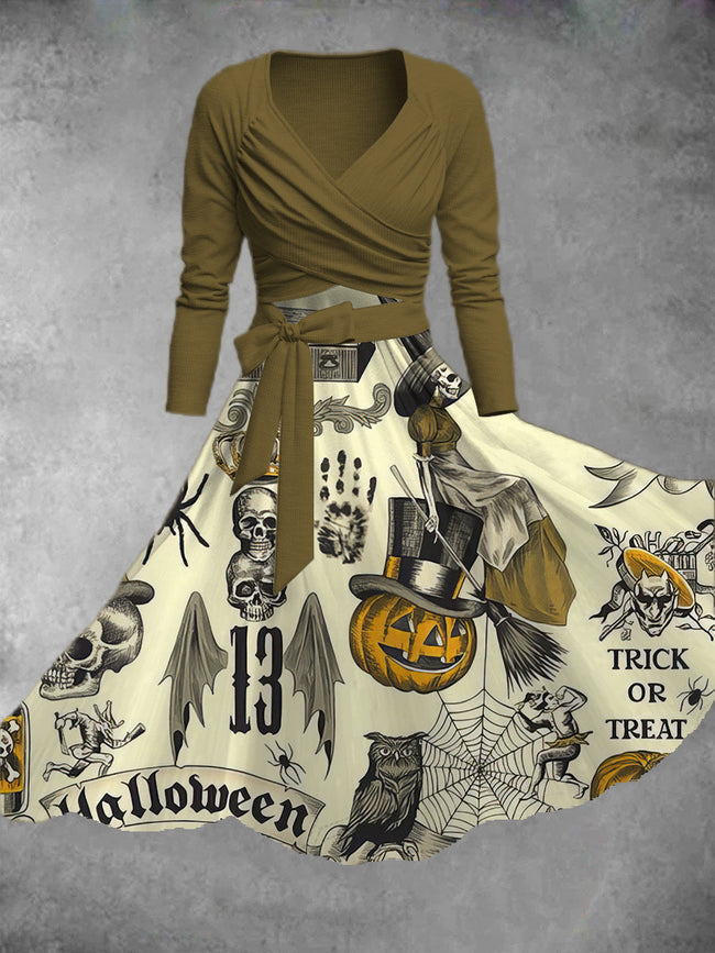 Women's Halloween Pumpkin Print Two-Piece Dress