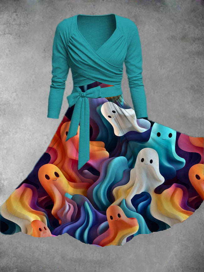 Women's Halloween Colorful Ghost Print Two-Piece Dress