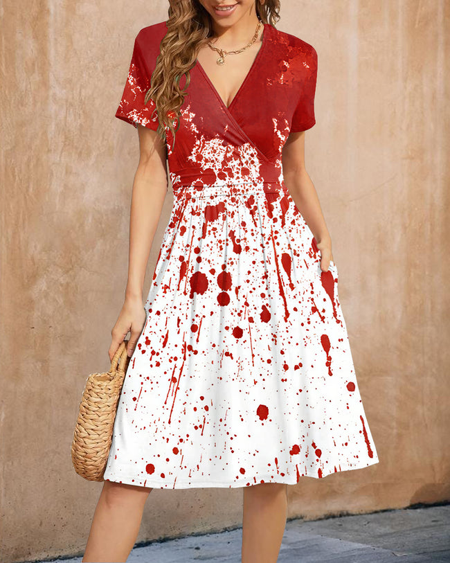 Women's Halloween Blood V-Neck Short Sleeve Casual Dresses with Pockets