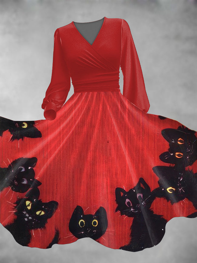 Women's Halloween Cat Ghost Long Sleeve Maxi Dress