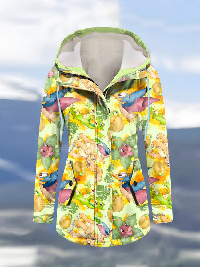 Winter Cartoon Printed Hooded Drawstring Zipper Thickened Jacket