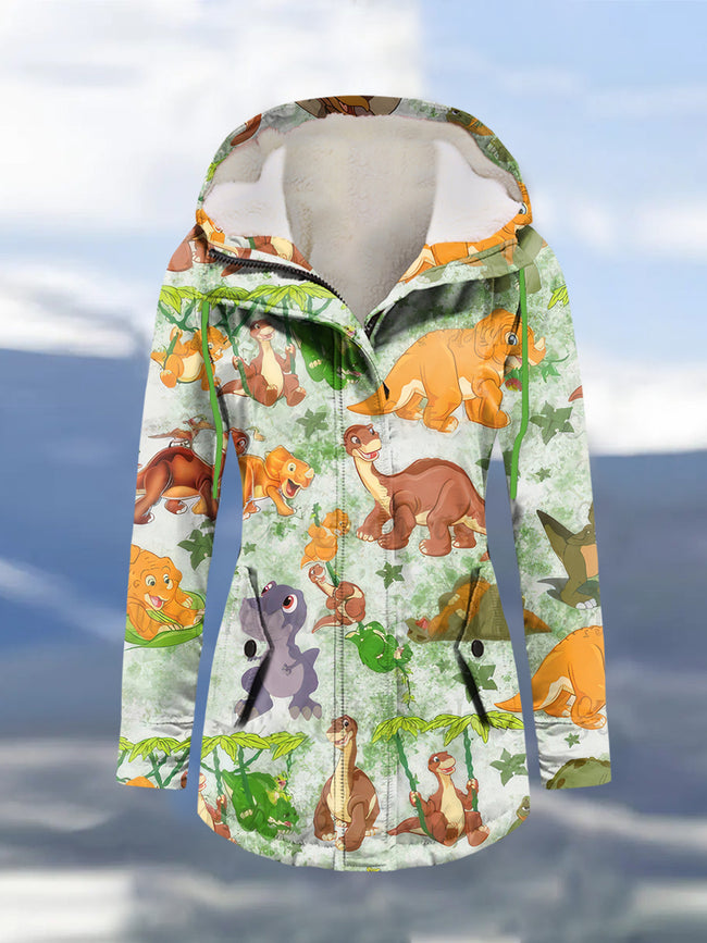 Winter Cartoon Printed Hooded Drawstring Zipper Thickened Jacket