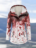 Winter Halloween Blood Printed Hooded Drawstring Zipper Thickened Jacket